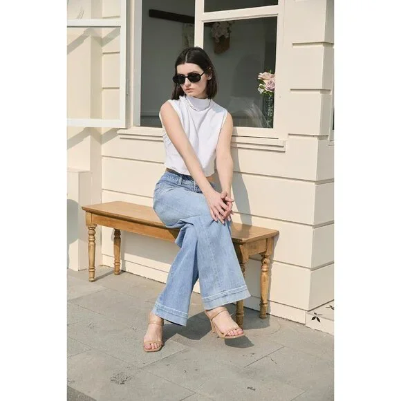 Women Jeans Wide Leg High Rise Stretchy Loose Baggy Casual Trousers - Picture 7 of 7